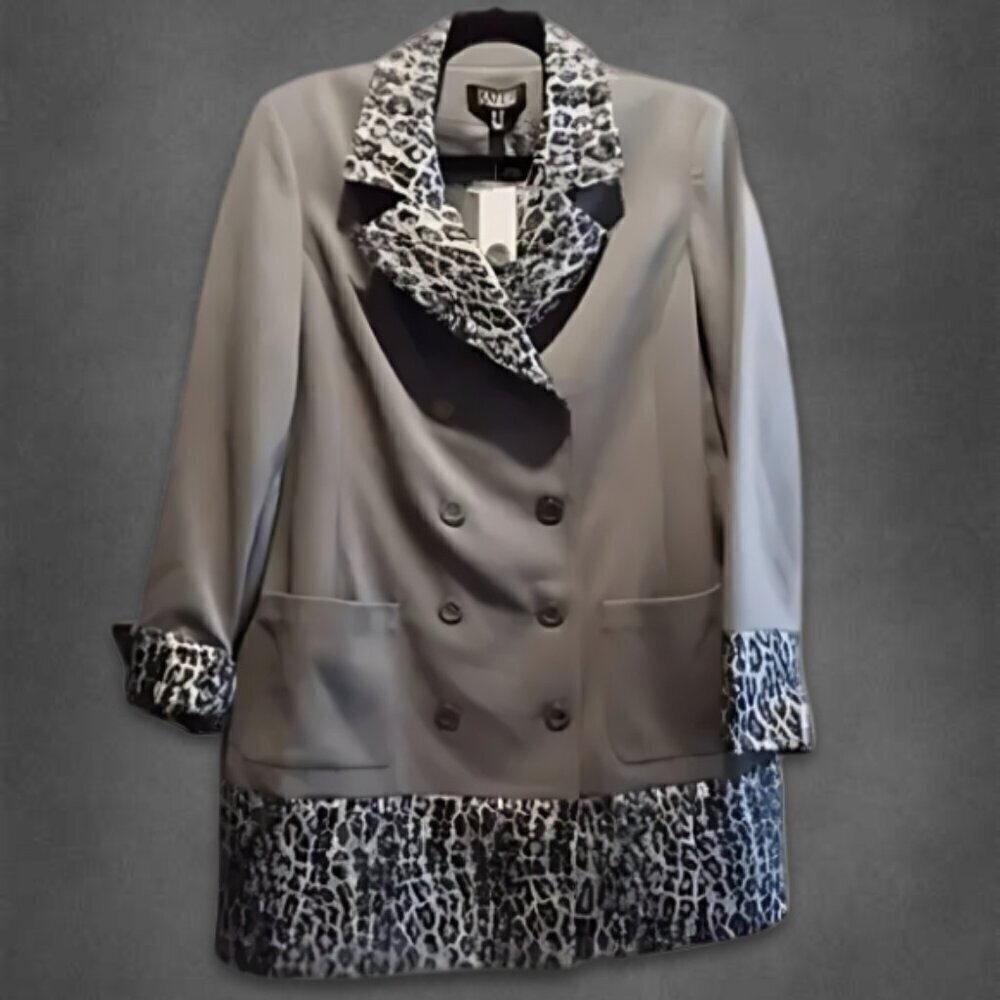 Leopard Trim Dennis Basso Blazer Peacoat Double-Breasted S 16 New With Tags - Picture 5 of 15